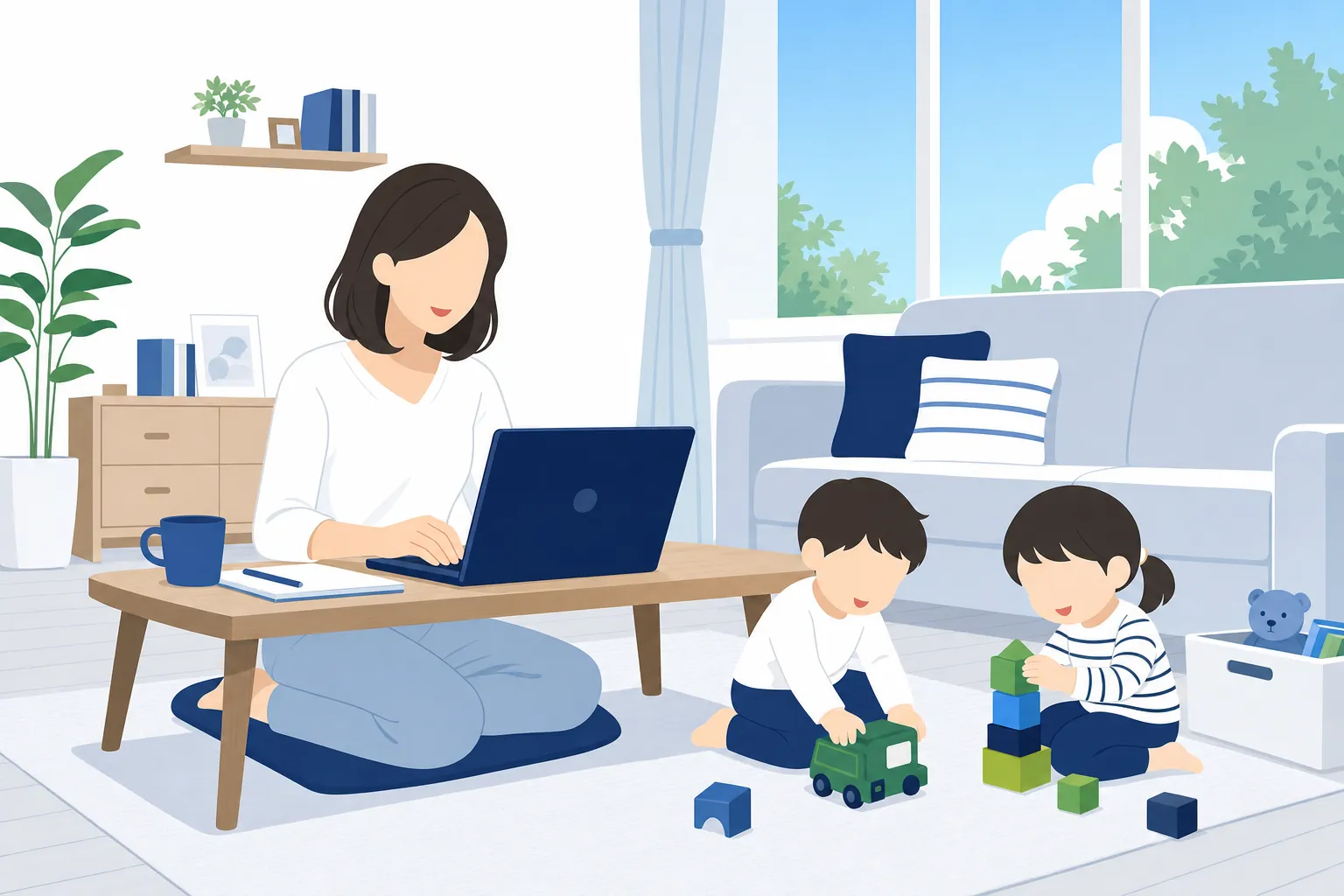 子どもたちが遊ぶ横でノートパソコンに向かい、仕事をする母親の姿