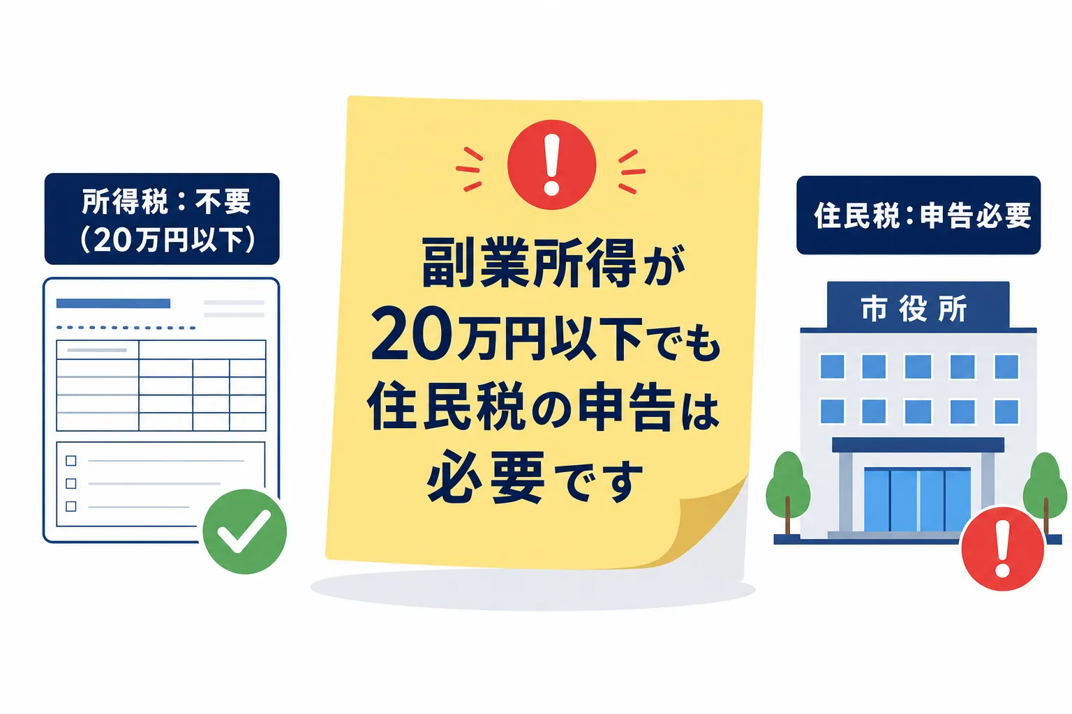 「20万円以下でも住民税の申告は必要」と書かれたメモのイラスト