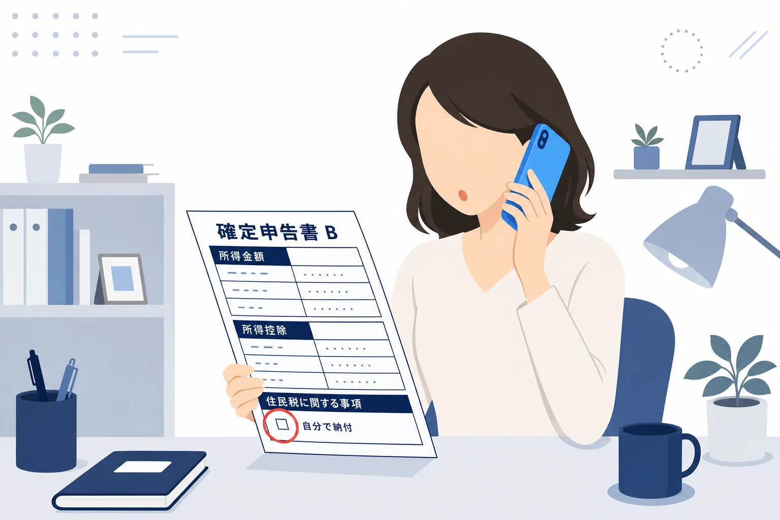 申告書を見返して「選び忘れた」と気づき、電話を手に取る女性