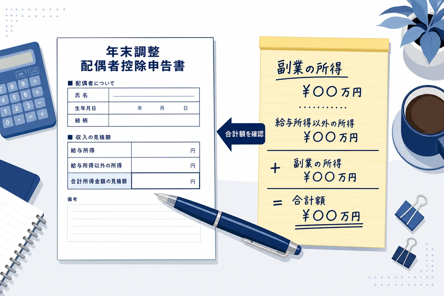 夫の年末調整の書類と、妻の副業の所得メモが並んだ机の上