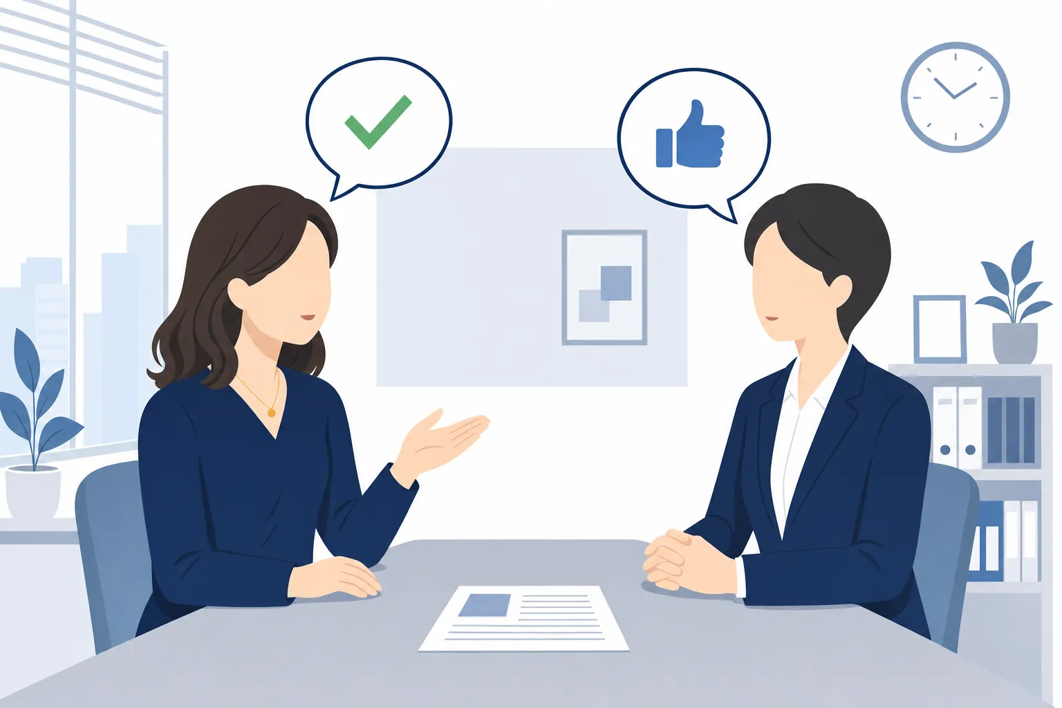 上司と落ち着いた雰囲気で話し合う会社員の女性