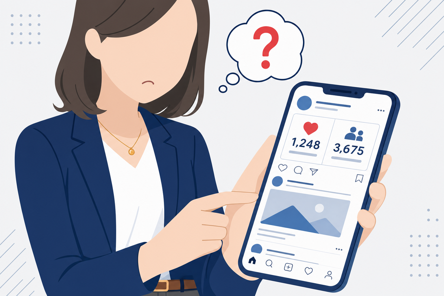 スマートフォンのSNS画面を見つめながら眉をひそめる女性の手元アップ