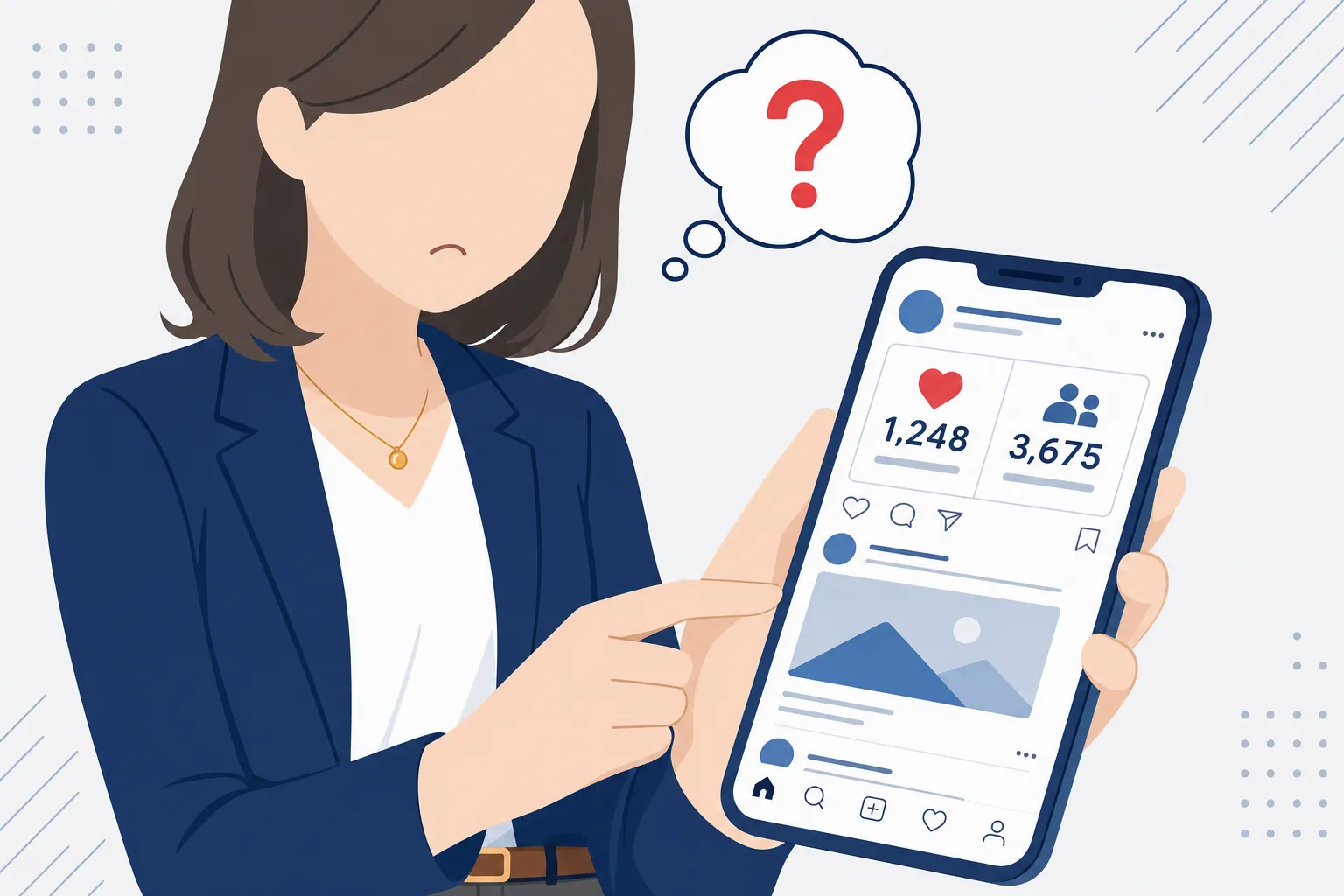 スマートフォンのSNS画面を見つめながら眉をひそめる女性の手元アップ