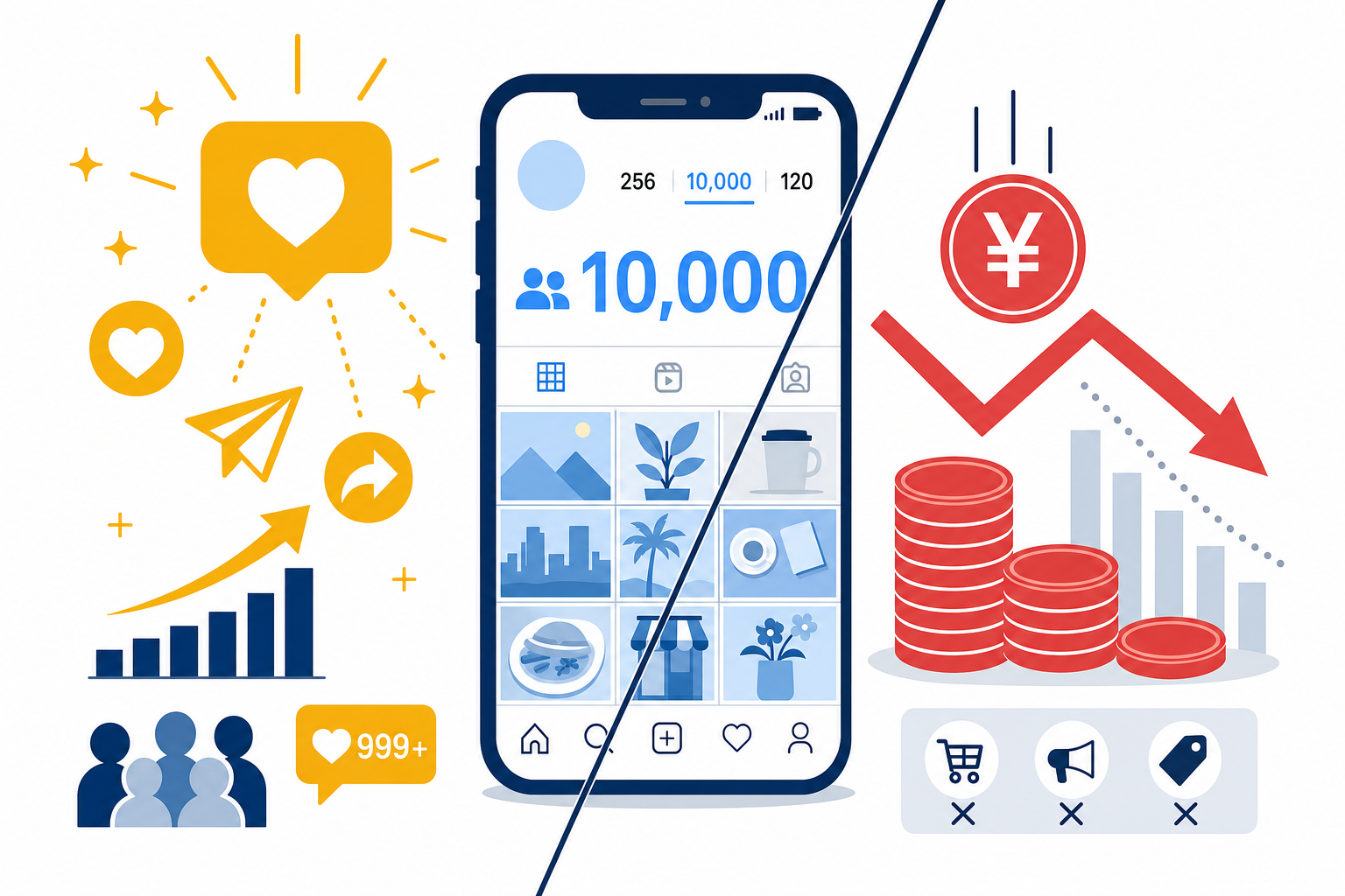 インスタグラムのフォロワー数とお金のイメージが分かれているイラスト的な図