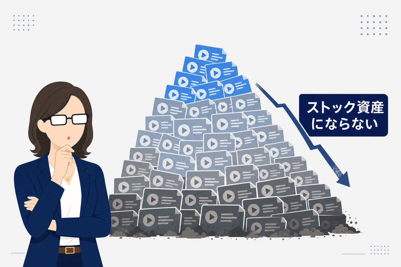過去の動画が積み重なって山になっているイラスト的なイメージ