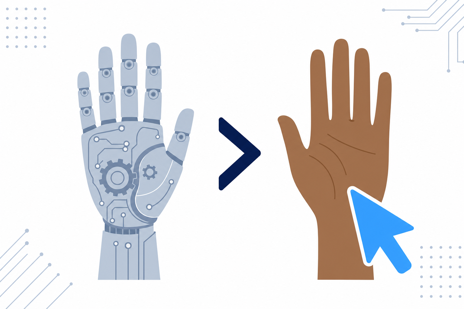 ロボットの手と人間の手が横に並んでいる画像、人間の手の方を指さしているイメージ