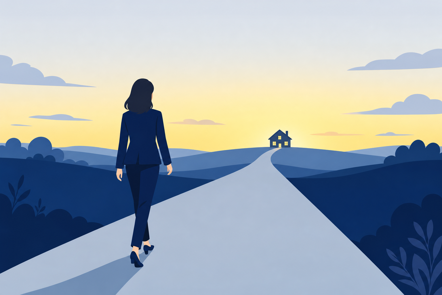 夕日の中で長い道を歩いていく人のシルエット、遠くに明かりのある家