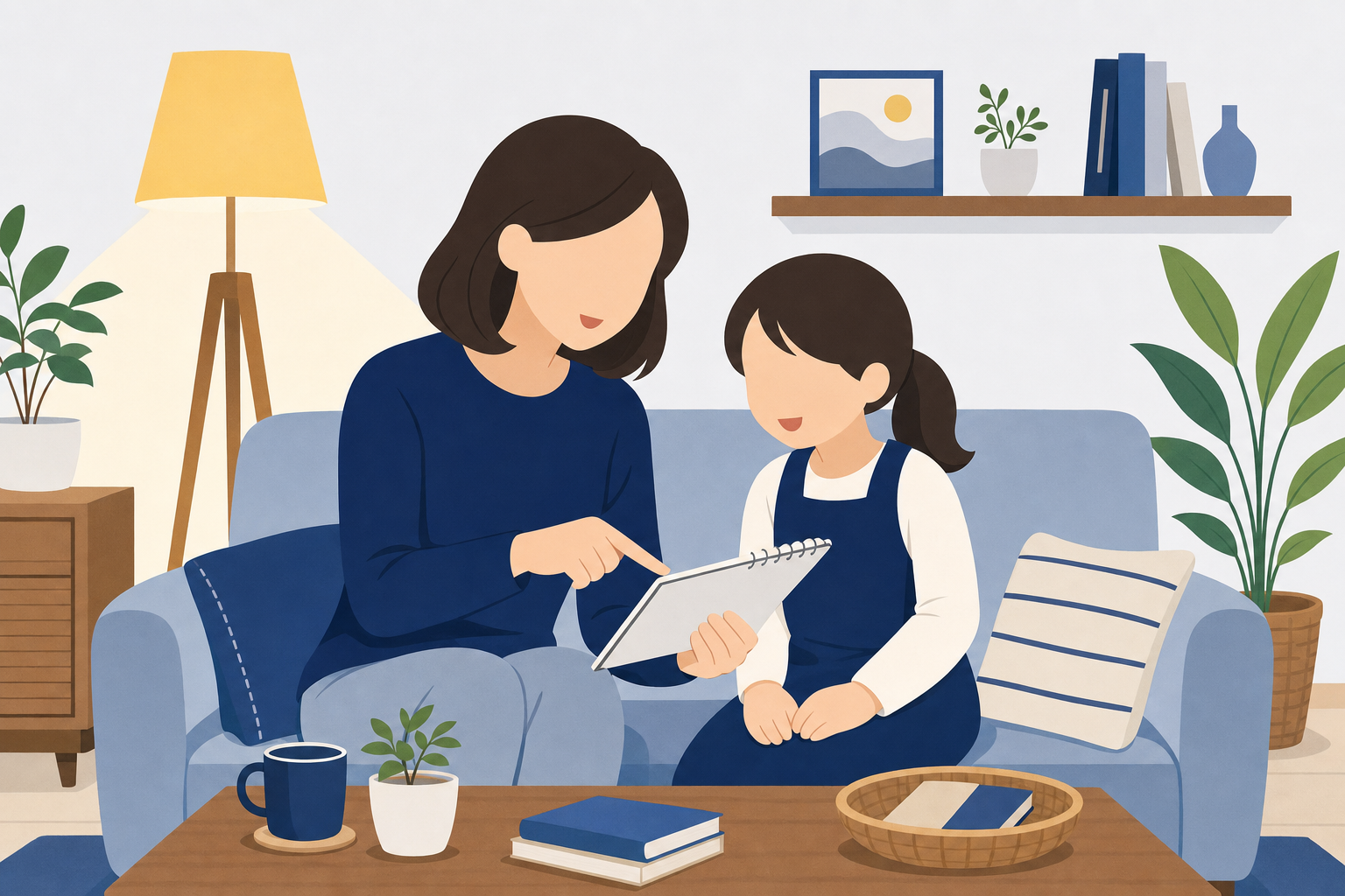 古い日本の家庭での教えを表すシーン、親が子に何かを言い聞かせているような温かみのある絵
