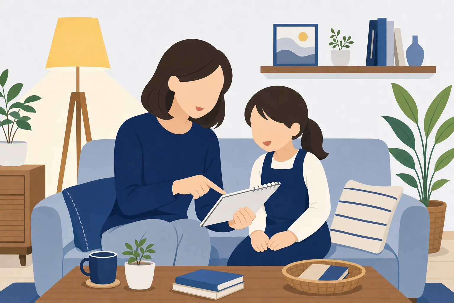 古い日本の家庭での教えを表すシーン、親が子に何かを言い聞かせているような温かみのある絵