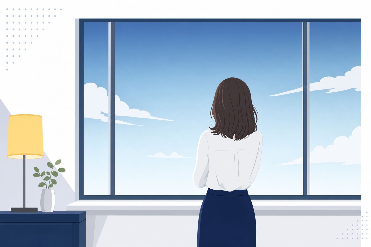 窓の外を見つめる女性の後ろ姿、「いつ自分の人生を生きるのか」という問いを感じさせるシーン