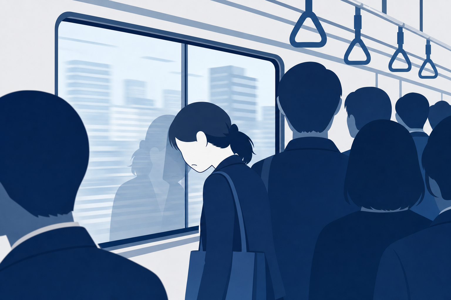 満員電車の窓ガラスに額をつける人のシルエット、疲れた表情で外を見ているシーン