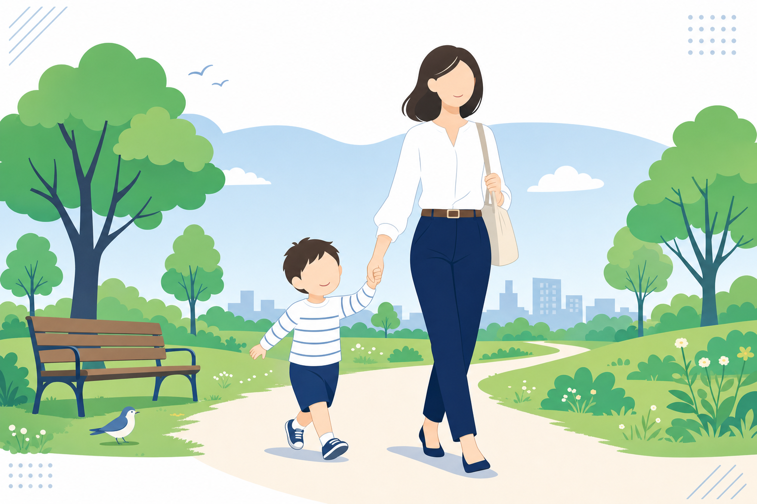 穏やかな表情で子どもと公園を歩く女性、選択肢を持った自由な暮らしのイメージ