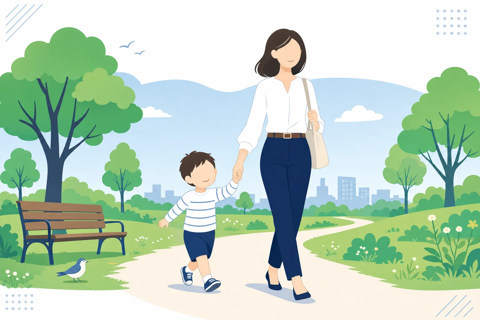穏やかな表情で子どもと公園を歩く女性、選択肢を持った自由な暮らしのイメージ