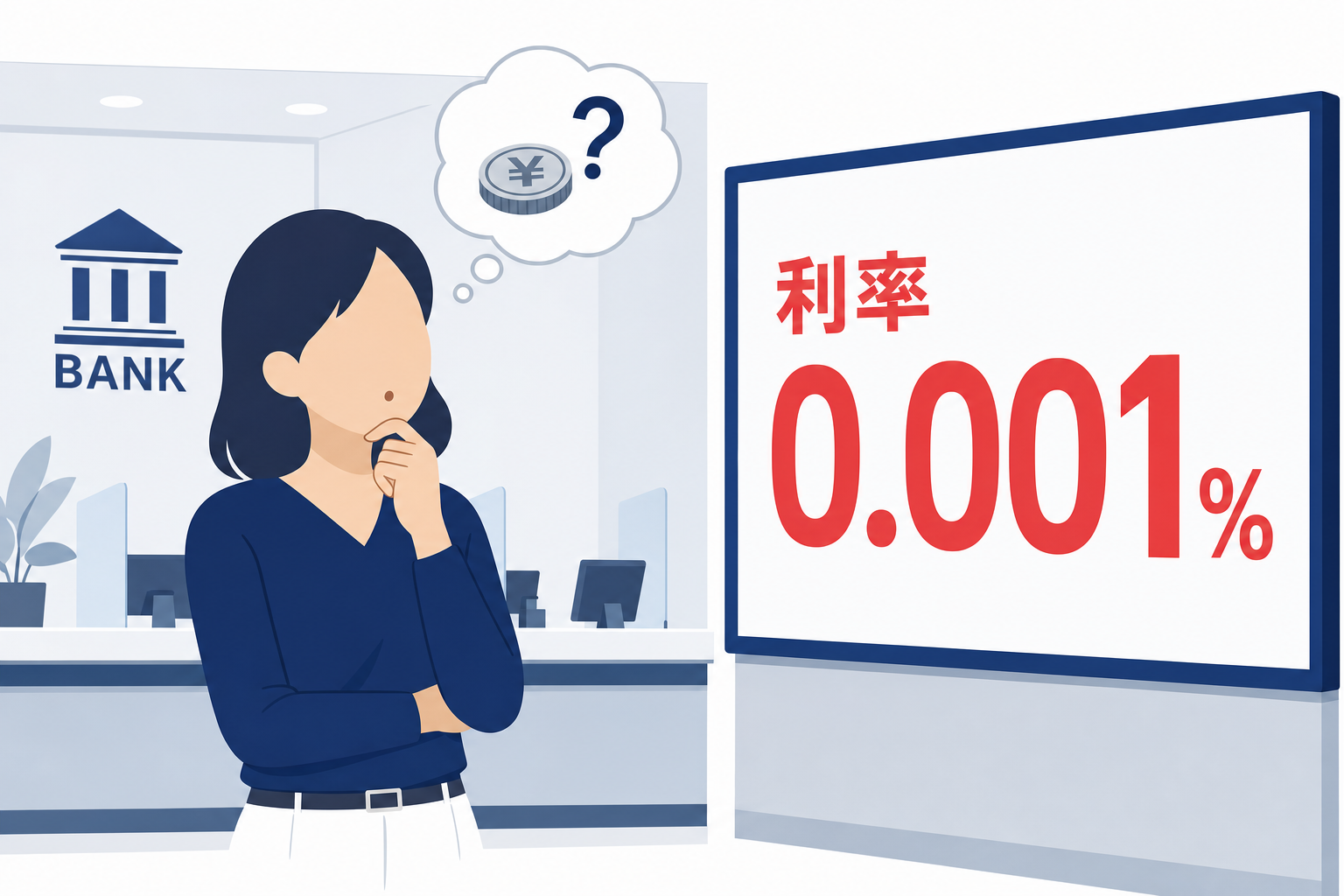 銀行の利率を示すボードの前で考え込む人、ほぼゼロに近い数字が並ぶイメージ