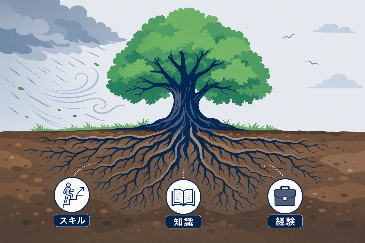 しっかりと根を張った木のイメージ、嵐が来ても倒れない安定感