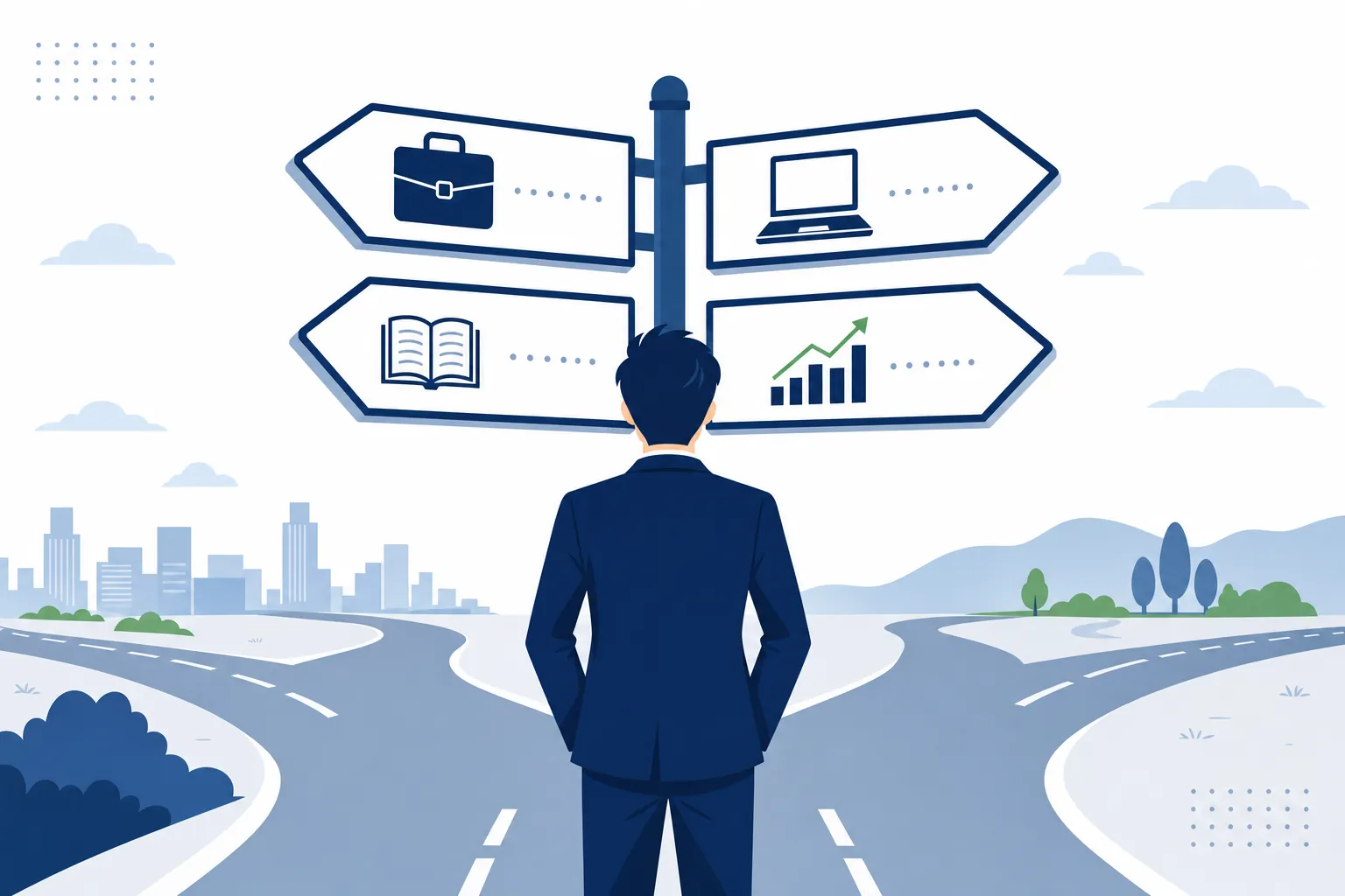複数の道標の中から一つを選ぶ人のシルエット、迷いながらも前を向いているイメージ