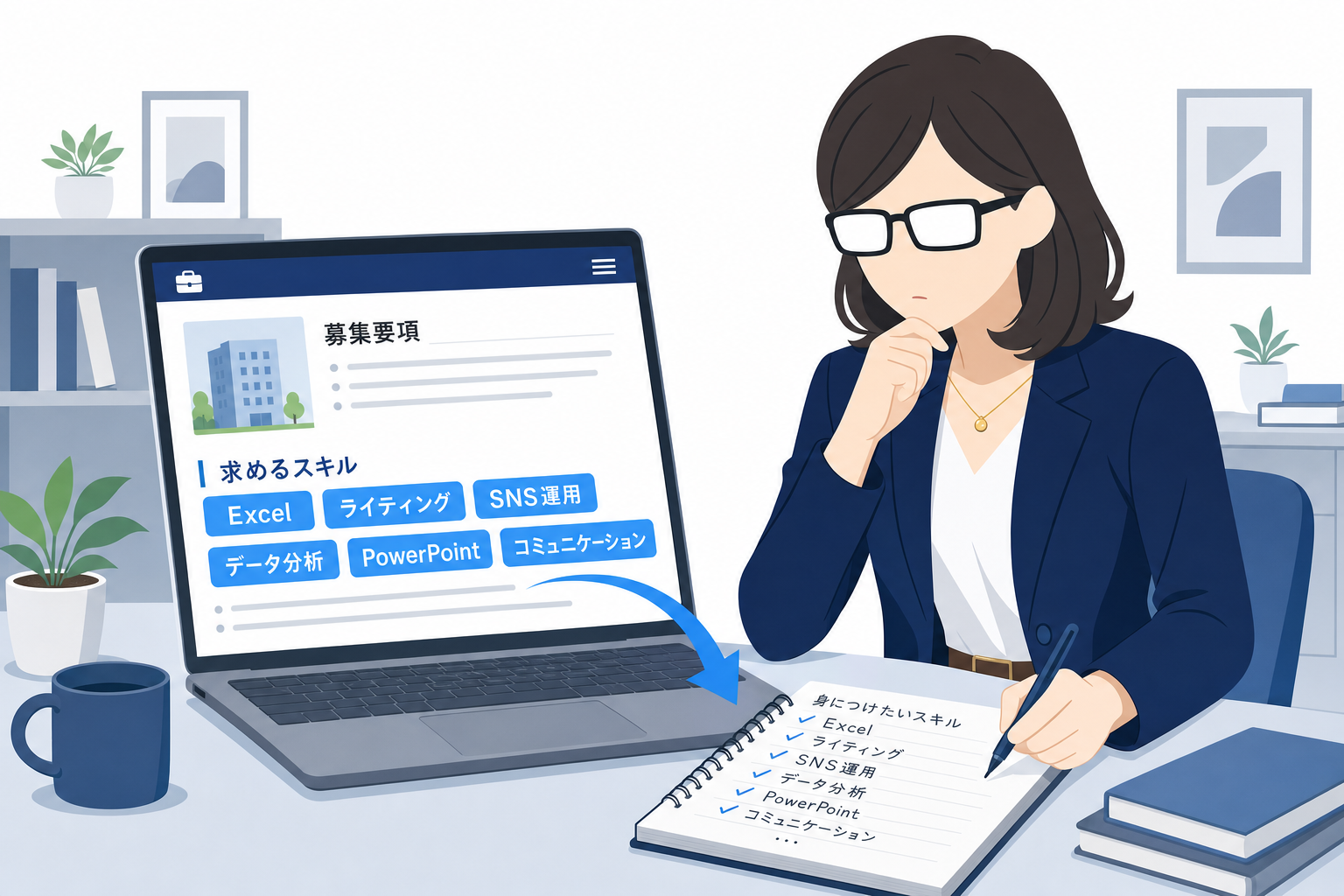 転職サイトを見てスキルを調べる人のシーン、逆算思考のビジュアル