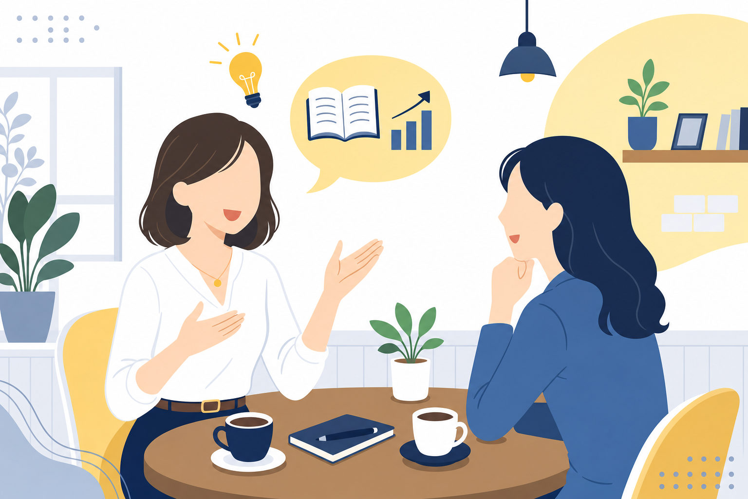 友人に学んだことを話す女性、生き生きとした表情