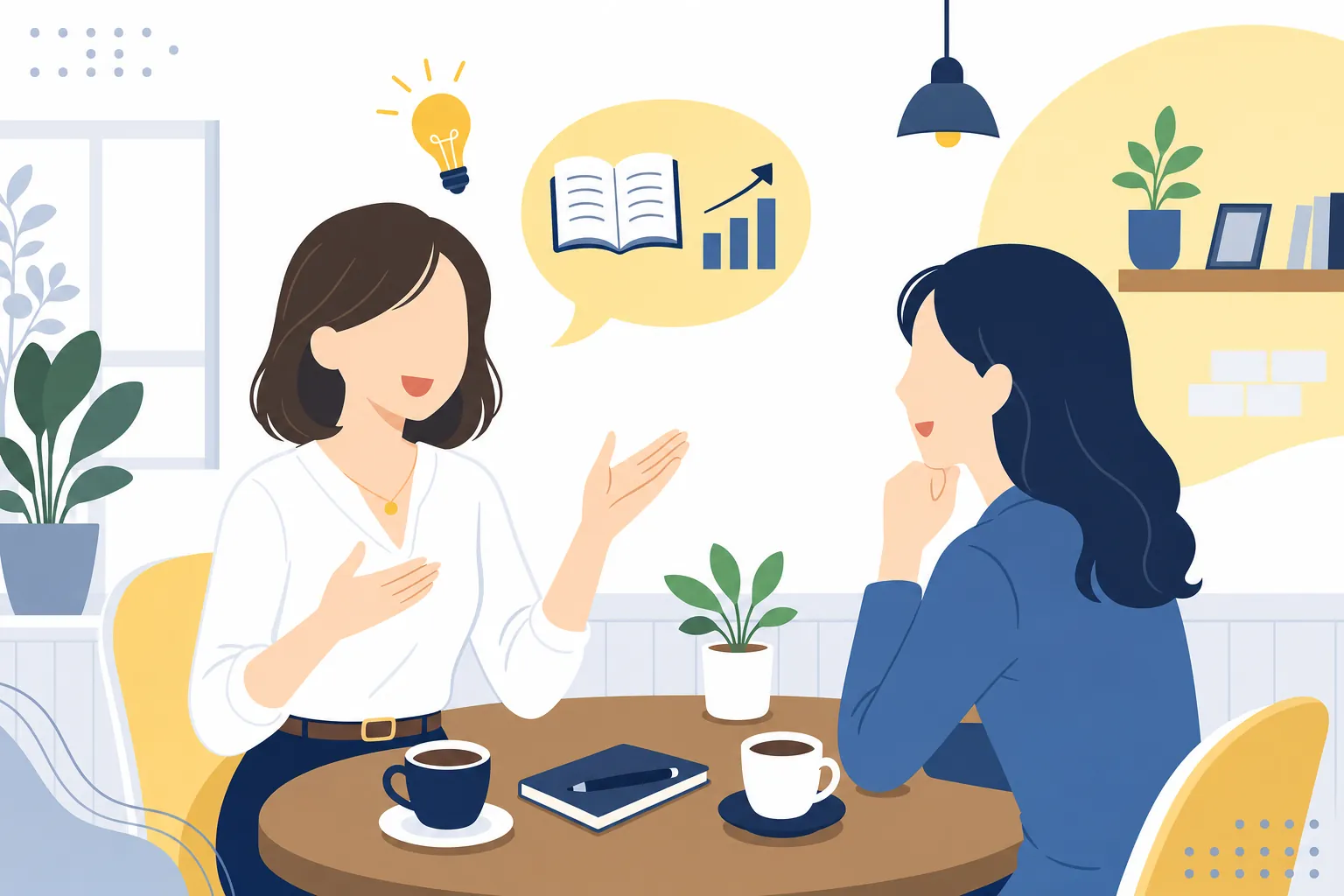 友人に学んだことを話す女性、生き生きとした表情