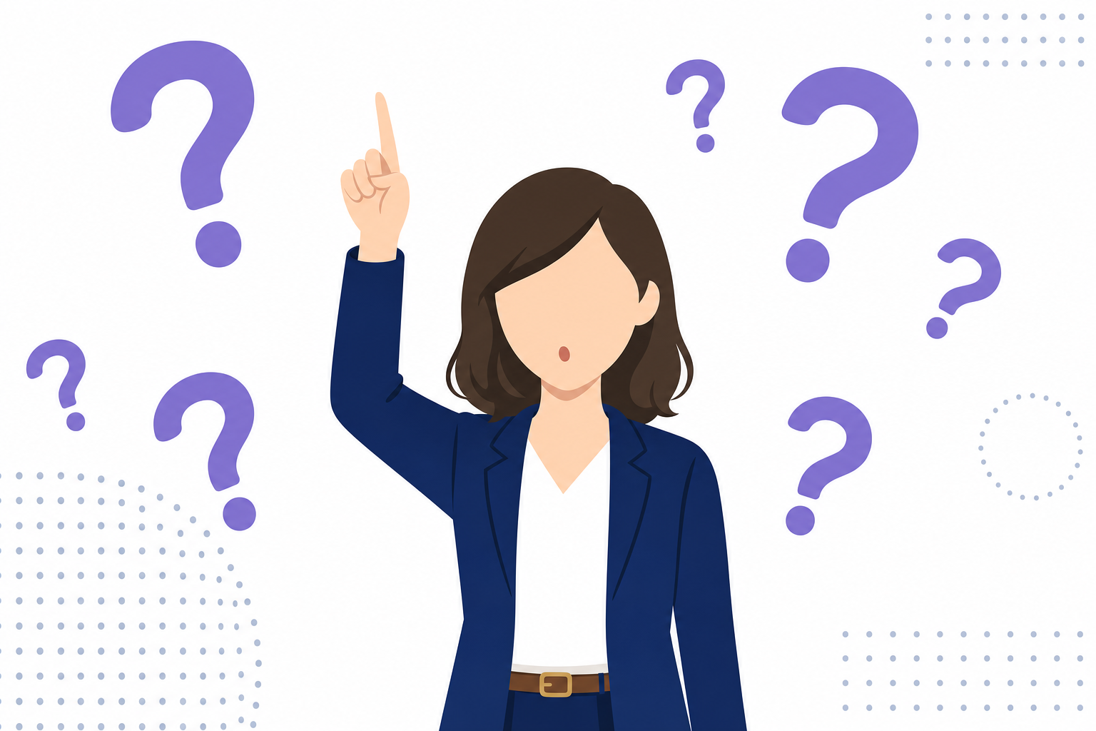 質問を抱えた人のイメージ、手を挙げる人や「?」マークが浮かぶシーン