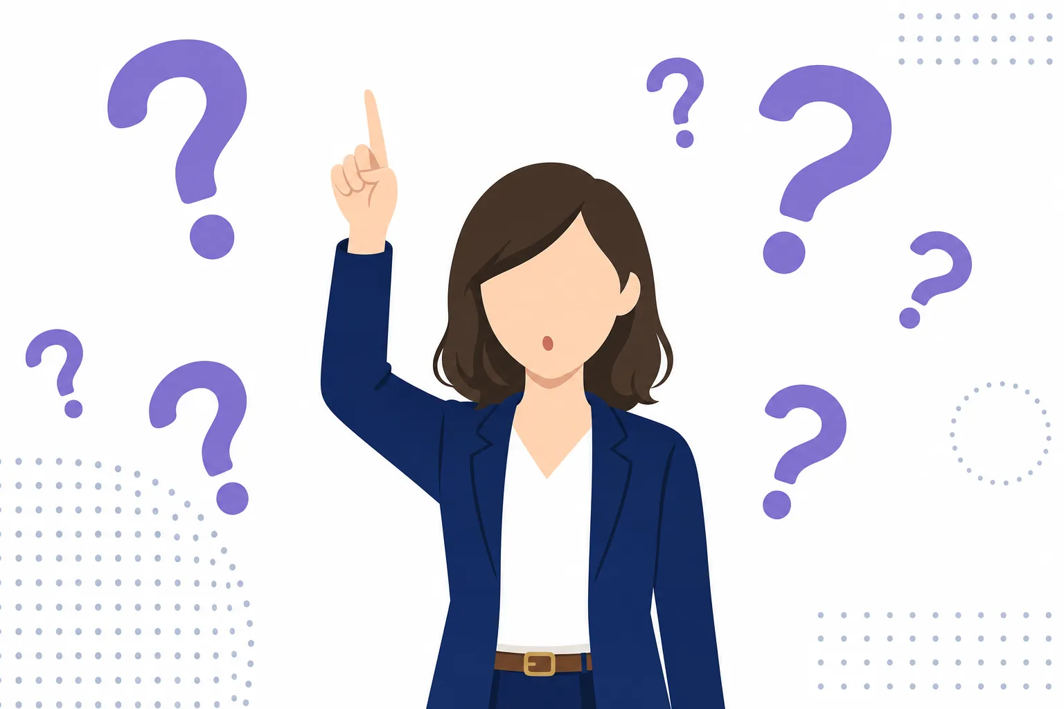 質問を抱えた人のイメージ、手を挙げる人や「？」マークが浮かぶシーン