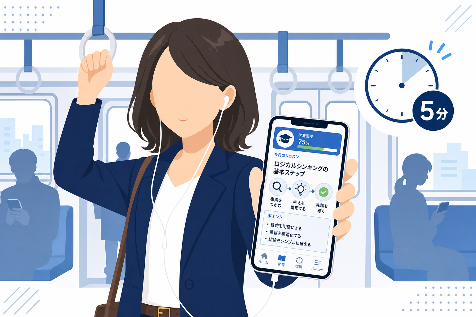 隙間時間にスマホで学ぶ人のシーン、通勤中や休憩中のイメージ