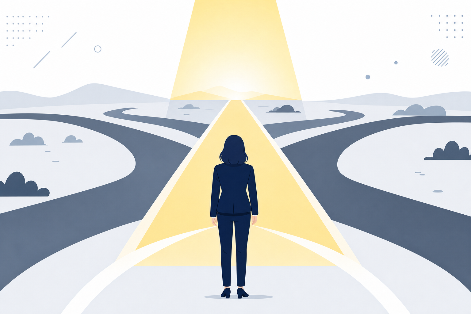 迷っている人の前に、ひとつだけ明るく照らされた道があるイメージ