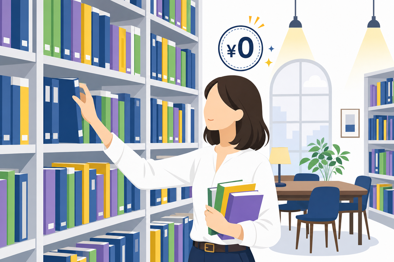 図書館の本棚の前で本を選ぶ人のシーン、無料で学べる環境のイメージ
