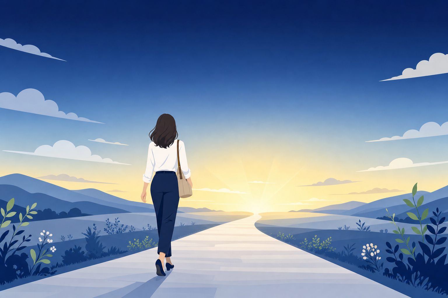 前向きに歩き始める女性の後ろ姿、夜明けの空が広がるシーン
