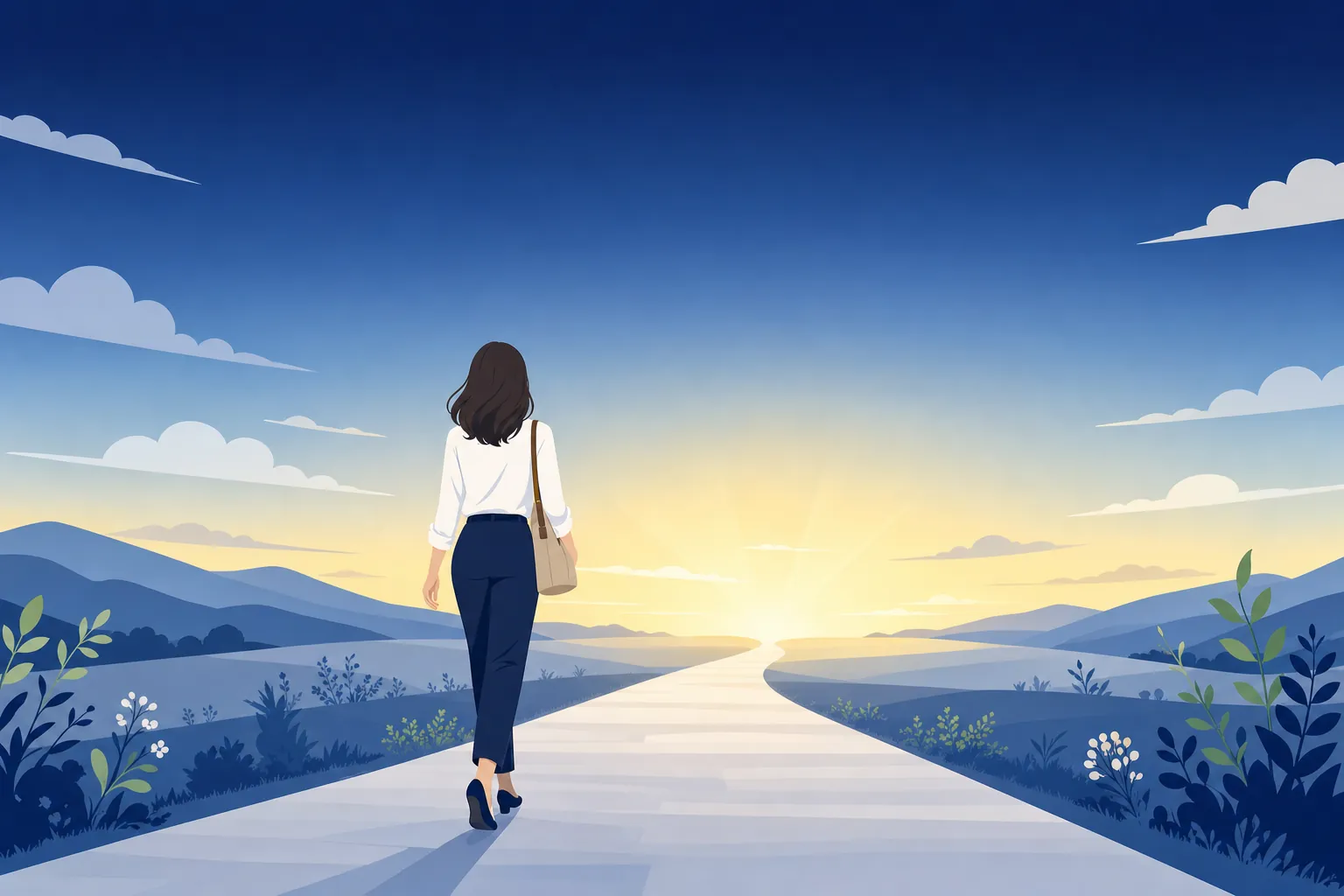 前向きに歩き始める女性の後ろ姿、夜明けの空が広がるシーン
