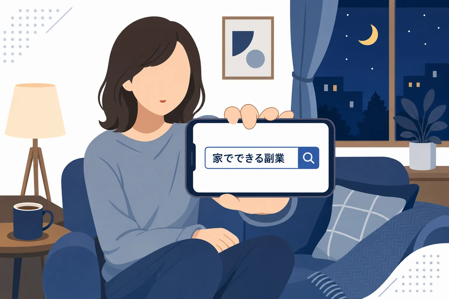 夜のリビングで家事を終え、ソファでスマホを見つめながら「家でできる副業」と検索する30代女性の手元