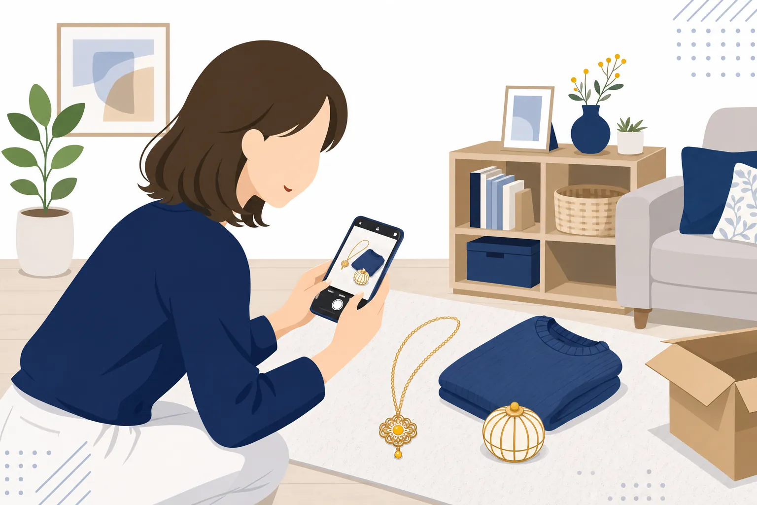フリマアプリに出品するために、家の不用品や手づくりアクセサリーをスマホで撮影する様子