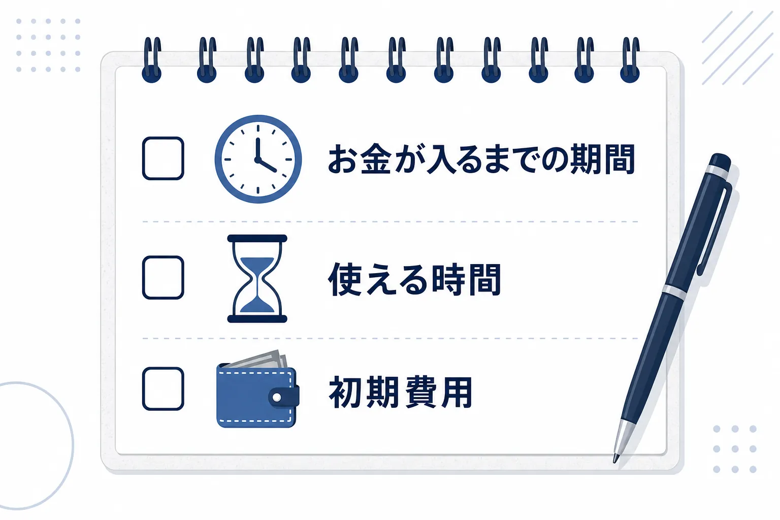「お金が入るまでの期間」「使える時間」「初期費用」の3つのチェック項目が書かれたメモ
