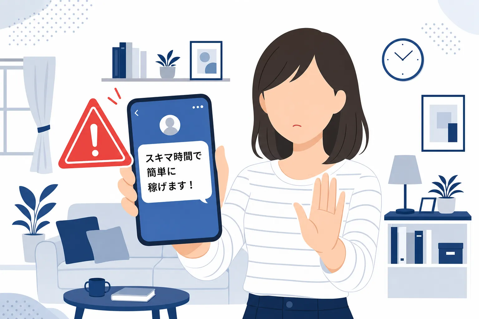スマホに届いた「スキマ時間で簡単に稼げる」というメッセージを見て、手を止める女性