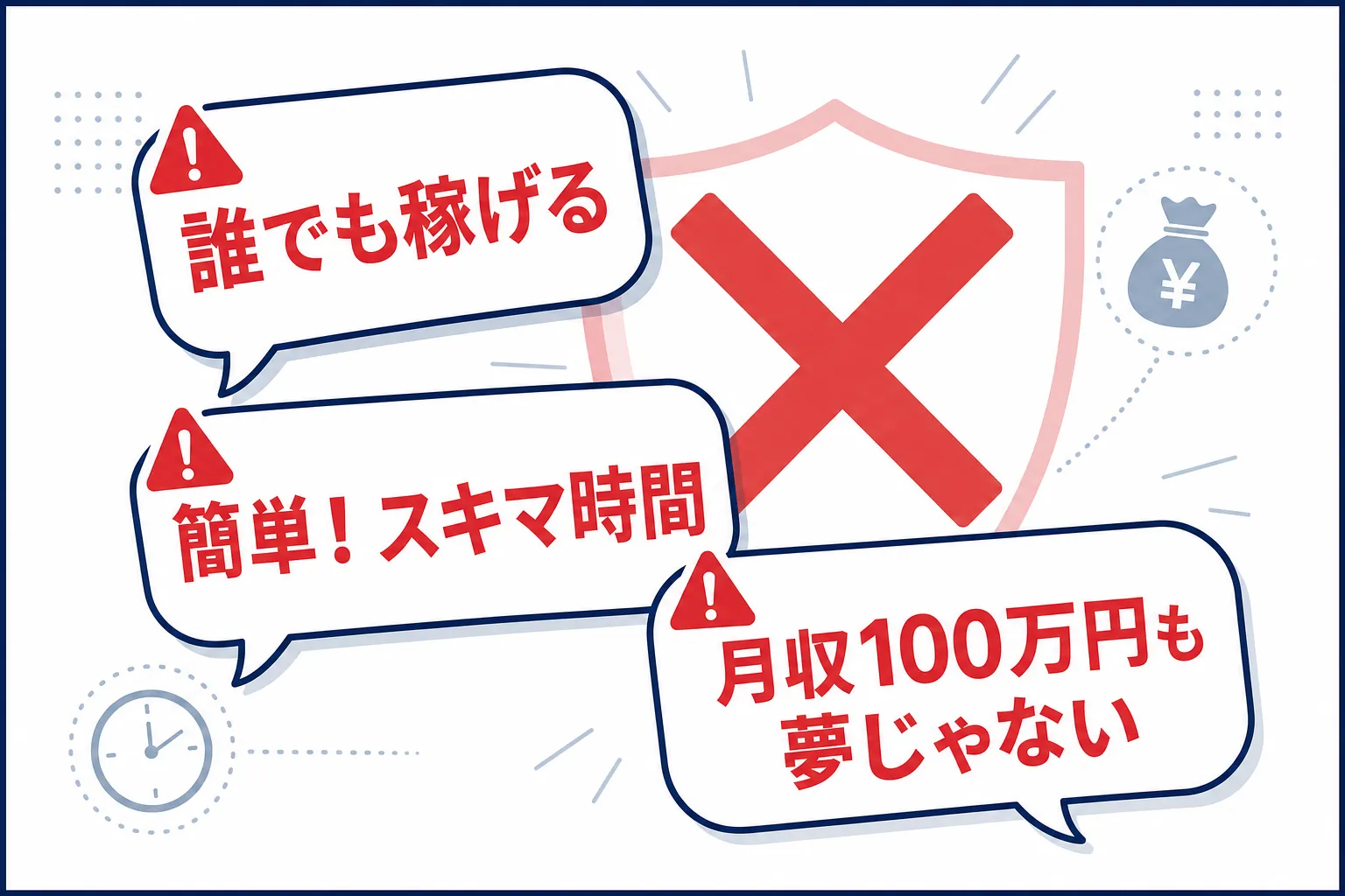 「誰でも」「簡単」「スキマ時間」という言葉が並んだ広告の吹き出しイラスト
