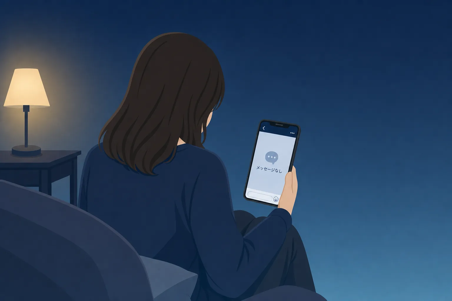 連絡が途絶えたスマホの画面を見つめ、肩を落とす女性の後ろ姿