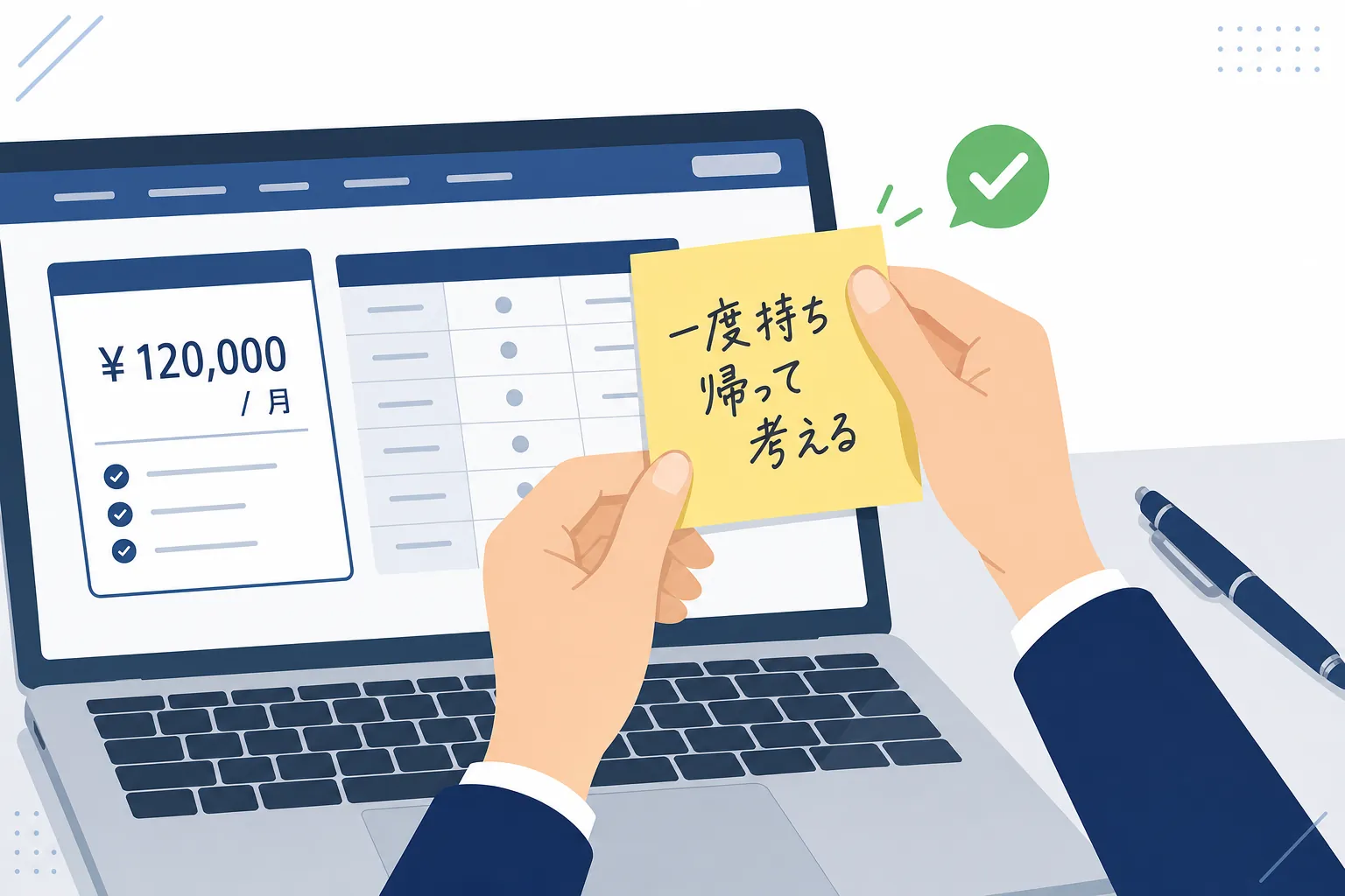 「一度持ち帰って考える」と書かれた付箋をパソコンに貼る手元
