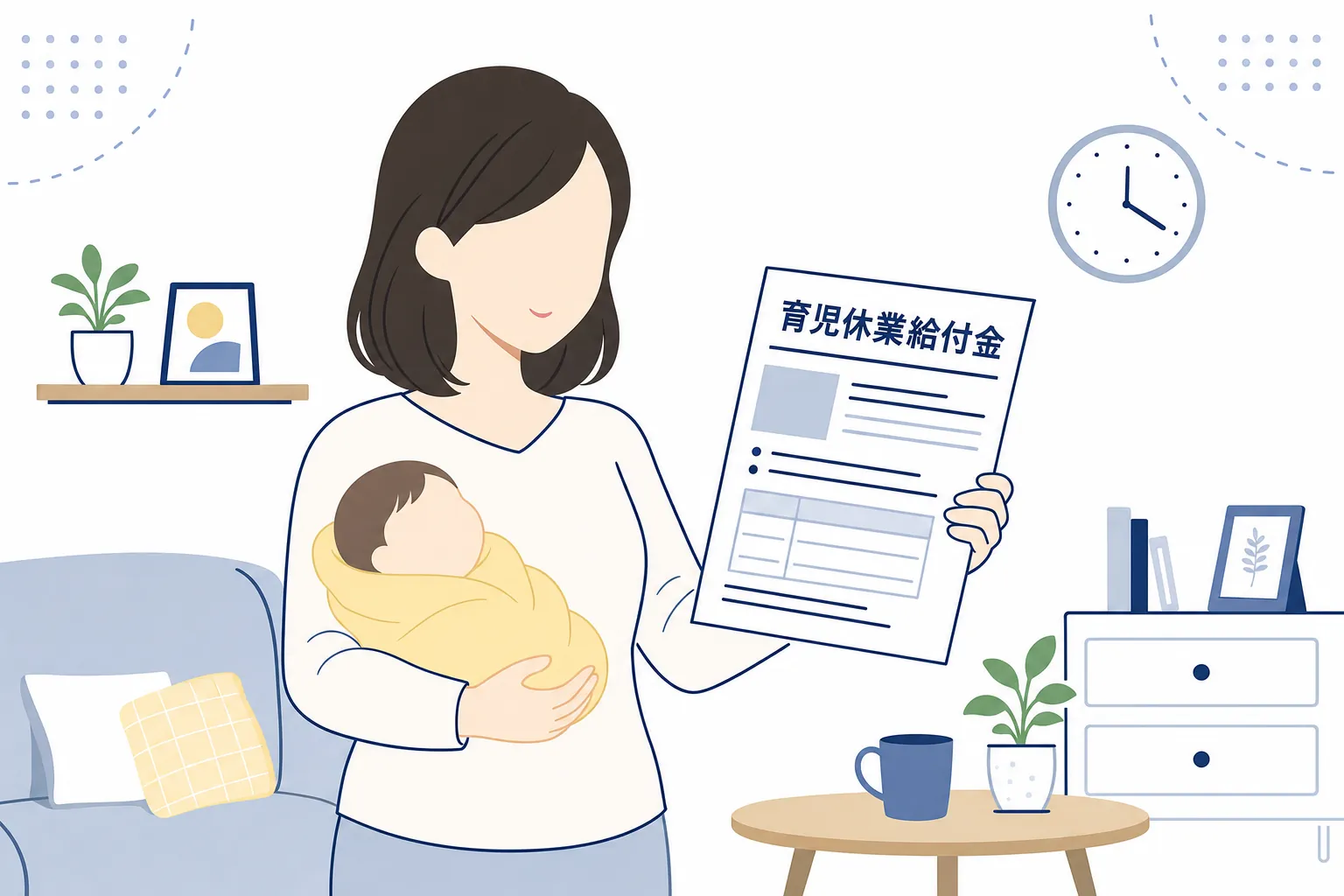 赤ちゃんを抱っこしながら、育児休業給付金の案内を読む母親