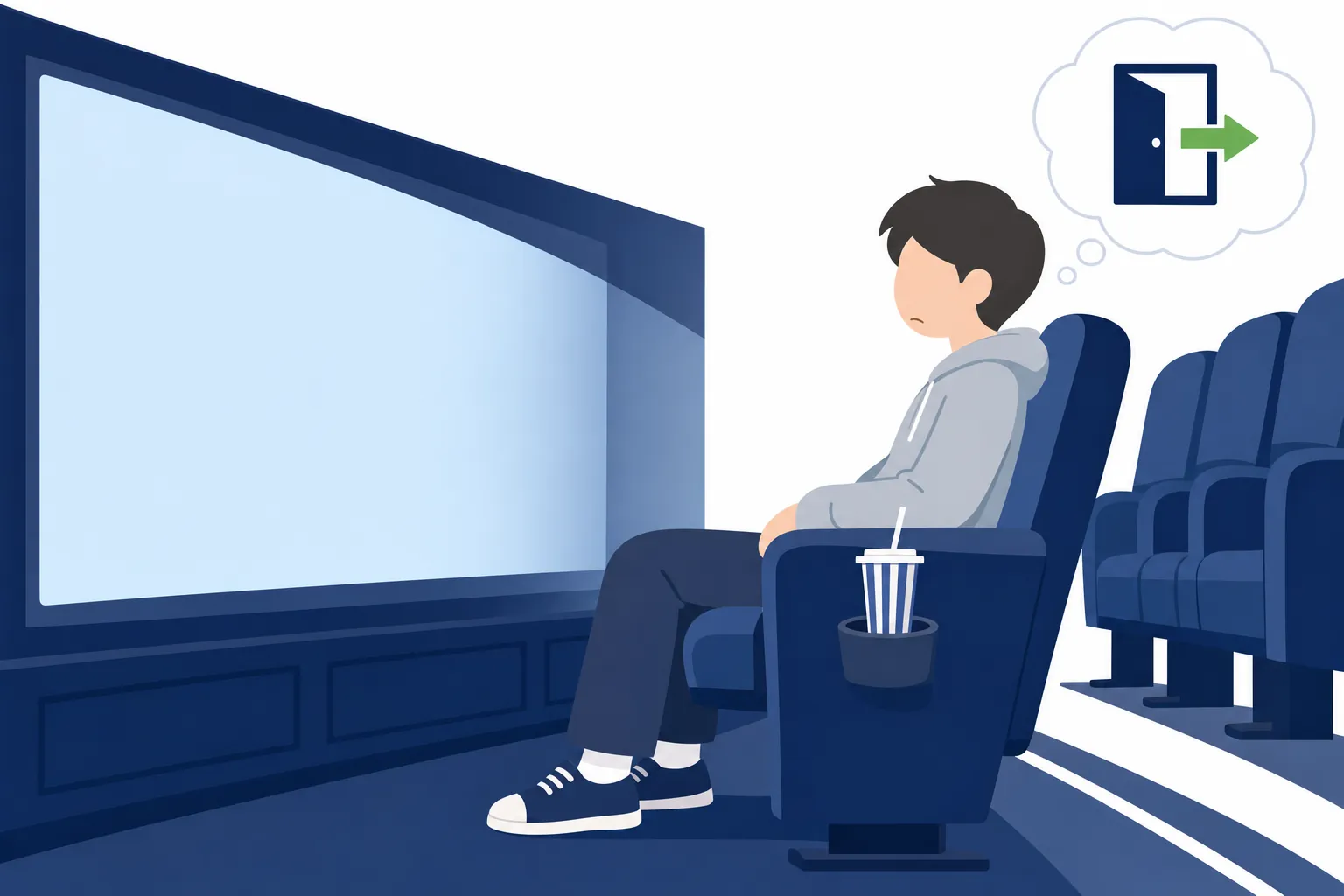 つまらなそうな顔で映画館の席に座り続ける人のイラスト