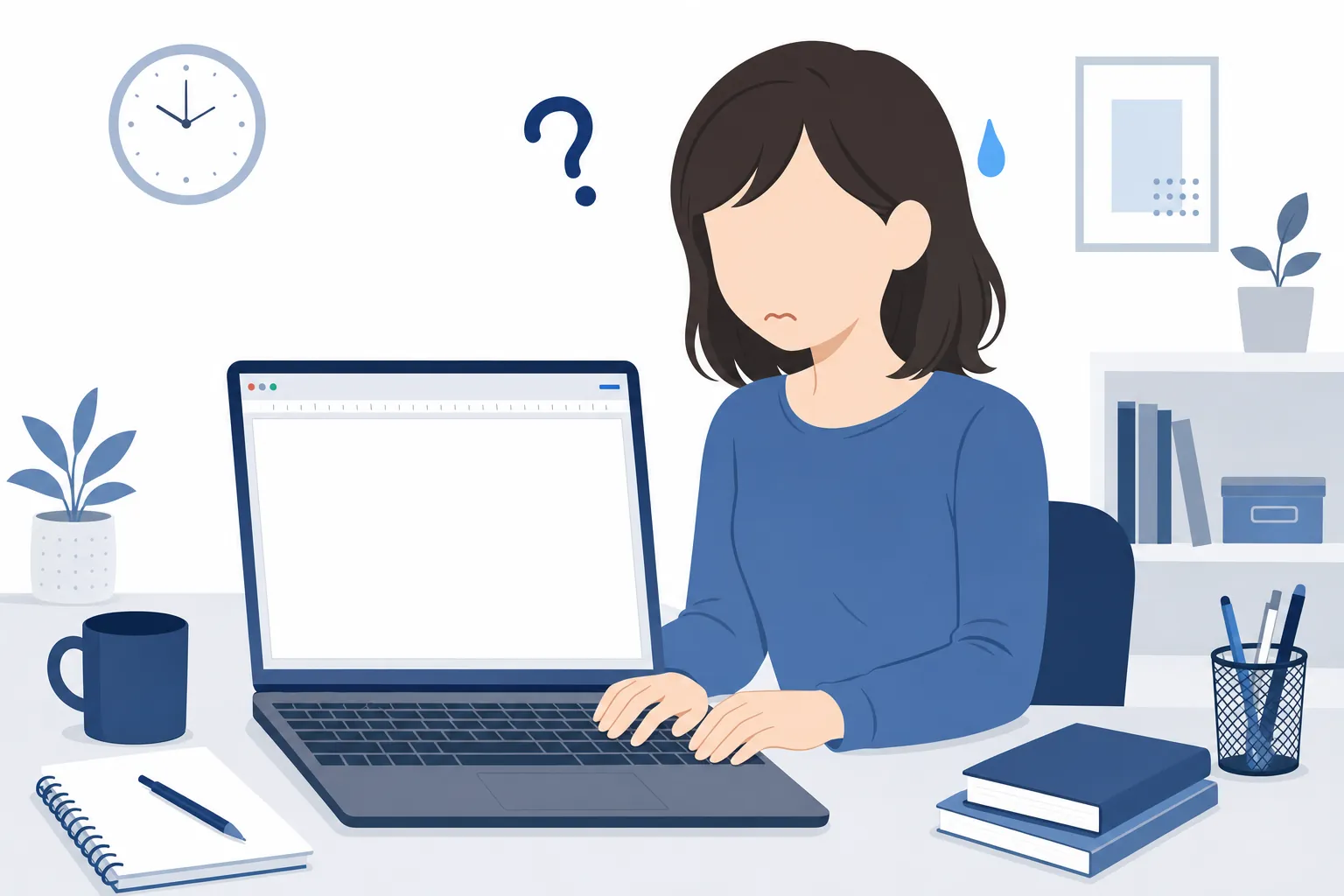 初めてパソコンに向かい、少し緊張しながらキーボードに手を置く女性