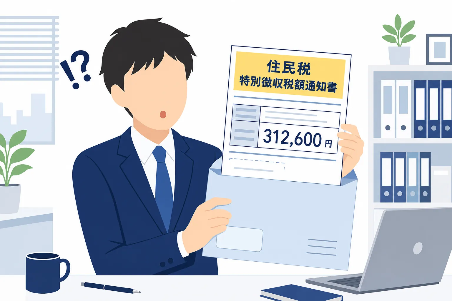 住民税の通知書を手に取る会社員のイラスト