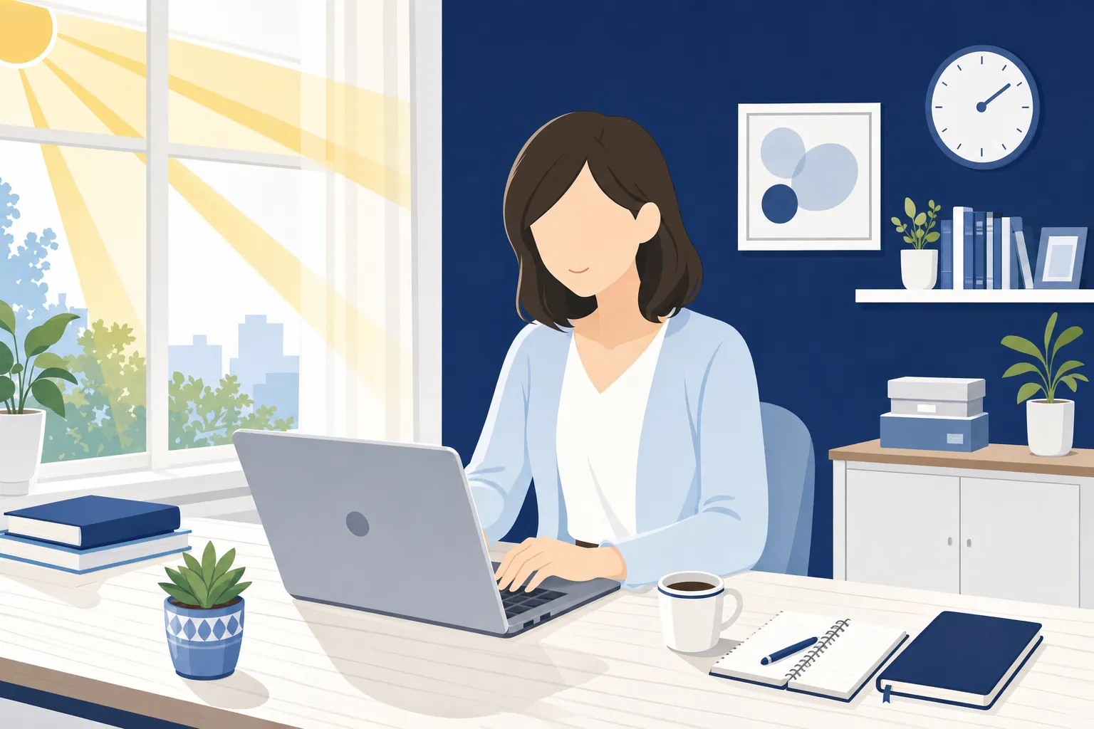 窓から朝日が差し込む部屋で、ノートパソコンを開いて穏やかに作業を始める女性