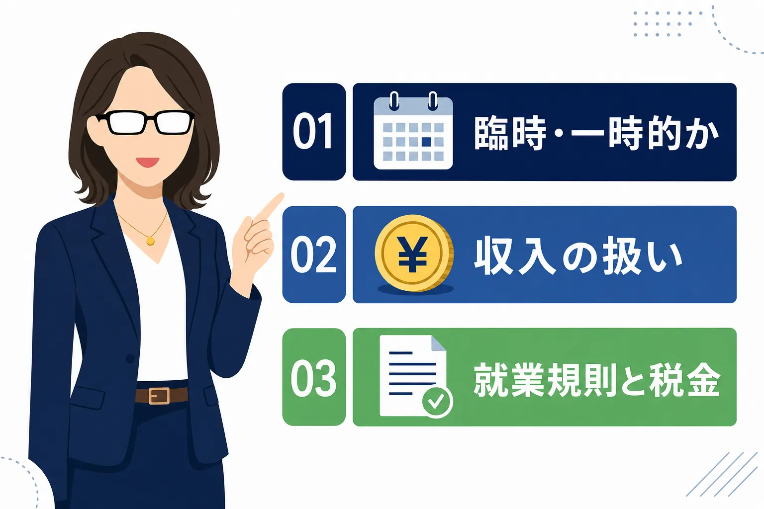 「臨時・一時的」「収入の扱い」「就業規則と税金」の3本の線が引かれた図