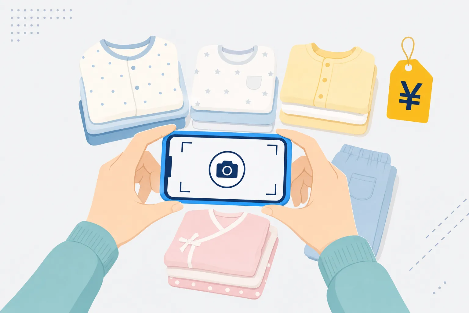 サイズアウトしたベビー服をたたんでスマホで撮影している手元