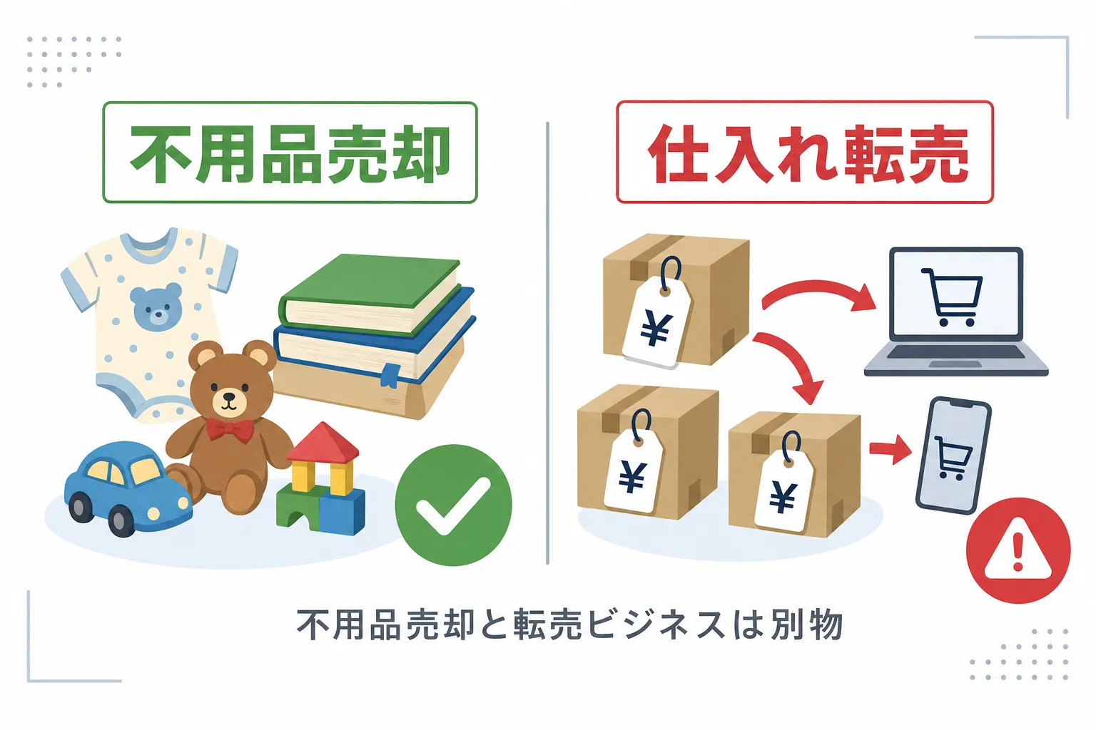 家の不用品と仕入れた商品を比べて、違いを示した図