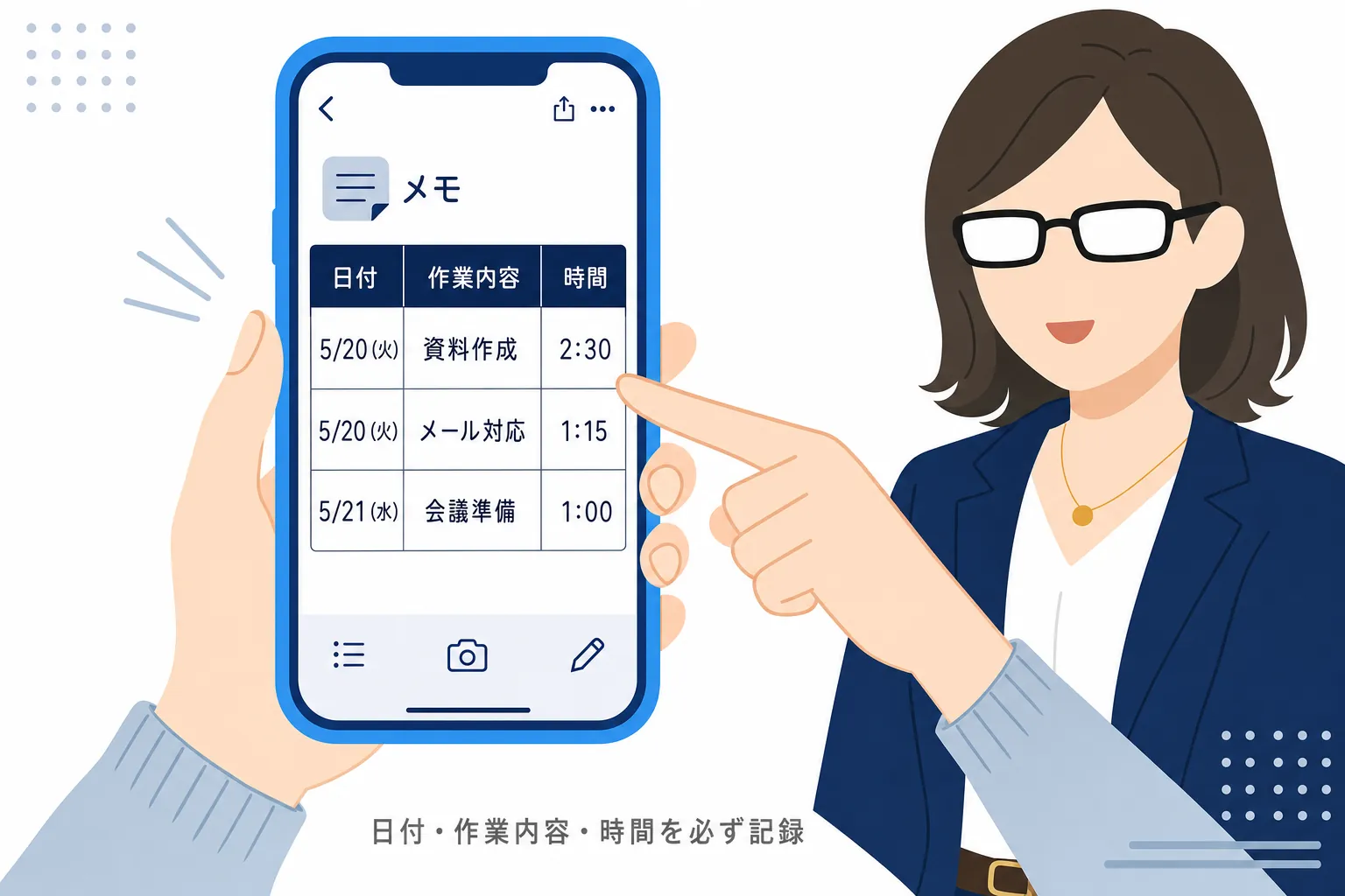 スマホのメモアプリに日付と作業時間を記録している手元