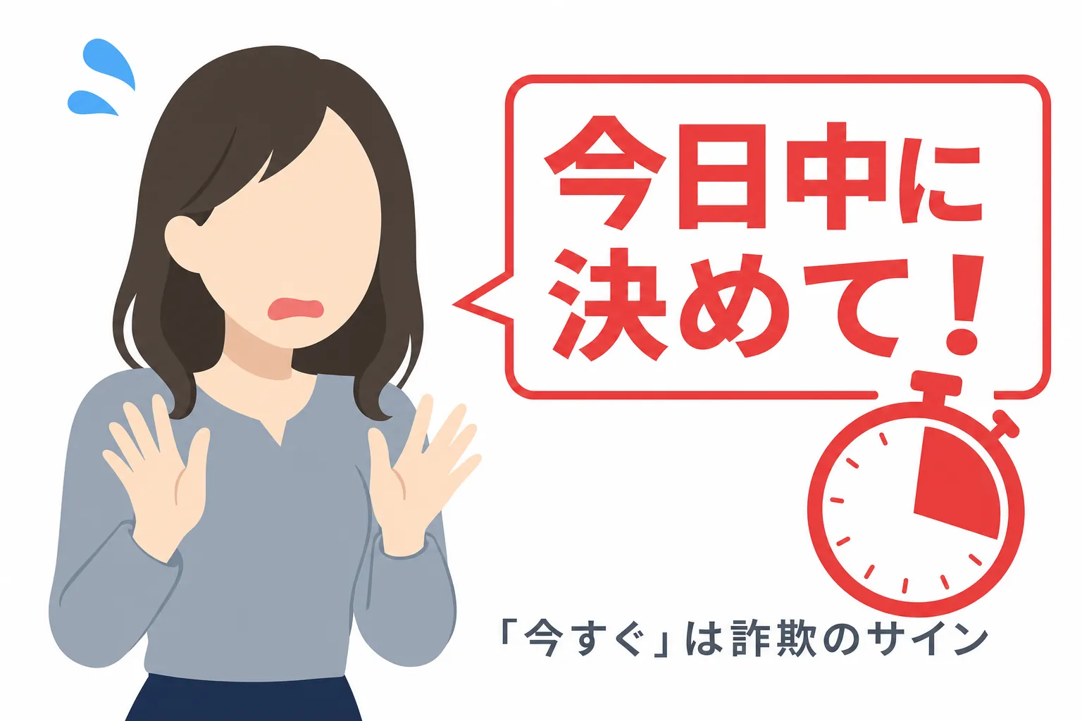 「今日中に決めて」とせかされて焦る表情の女性のイラスト