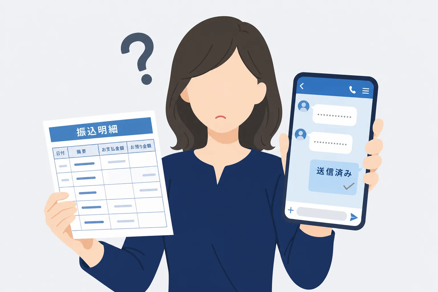 振込明細を手に、既読のつかないメッセージ画面を見つめる女性