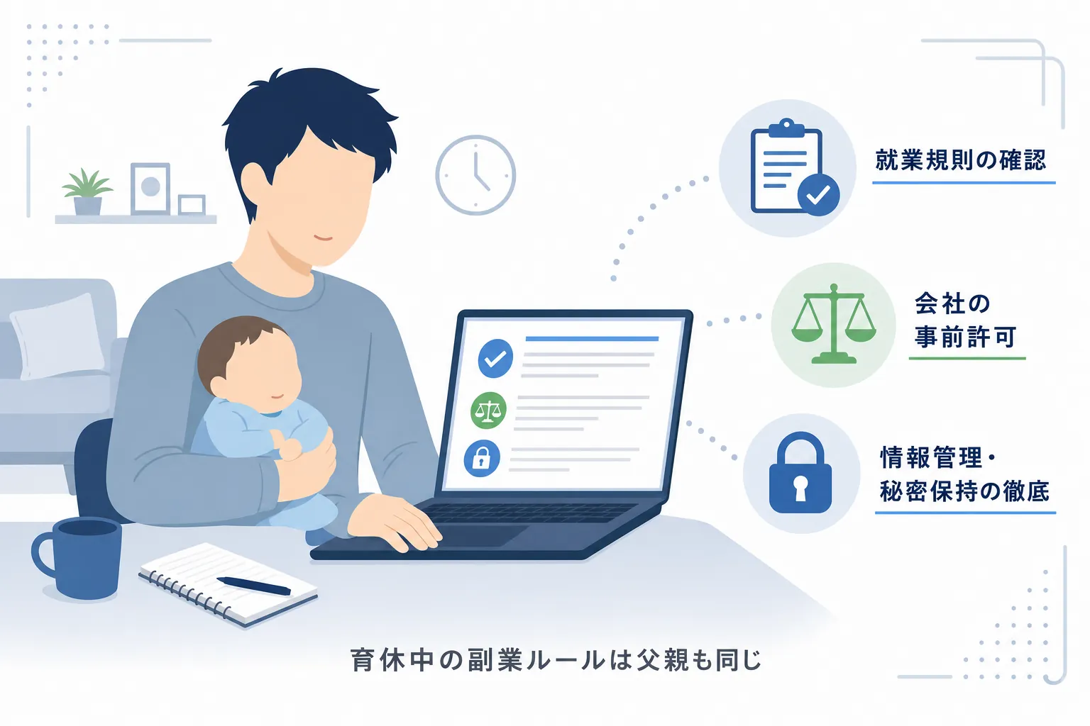 赤ちゃんを抱っこしながらパソコンに向かう男性のイラスト