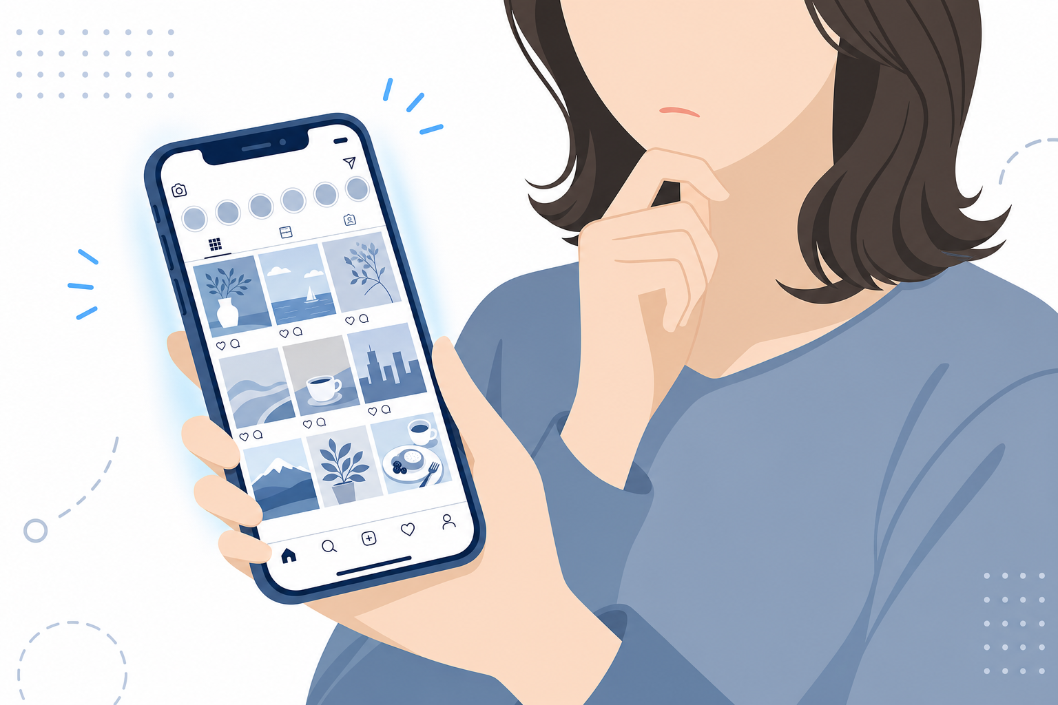 スマホ画面のインスタグラムを見つめながら考え込む女性の手元のクローズアップ